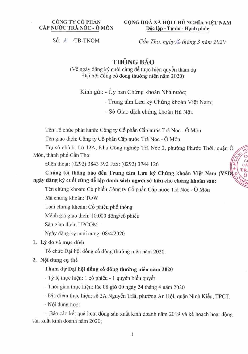 11 TB Thong bao ngay dang ky cuoi cung the thuc hien quyen tham du Dai hoi dong co dong thuong nien 2020 page2 image1