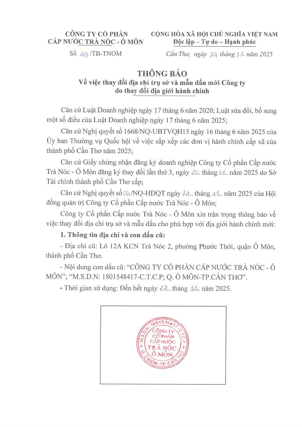 49 TB Thông báo thay đổi địa chỉ trụ sở chính và mẫu dấu Công ty 1